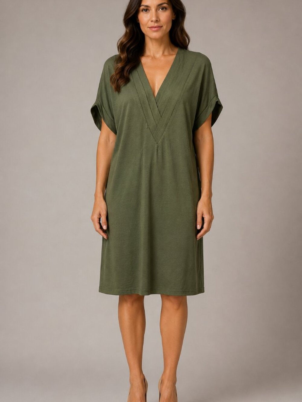 Olive Green Minimalist Shift Dress L Deep V Neck Dolman Sleeve